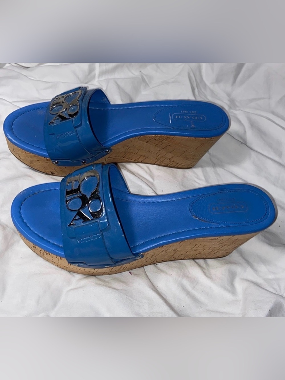 RARE blue COACH โJenโ leather platform wedges